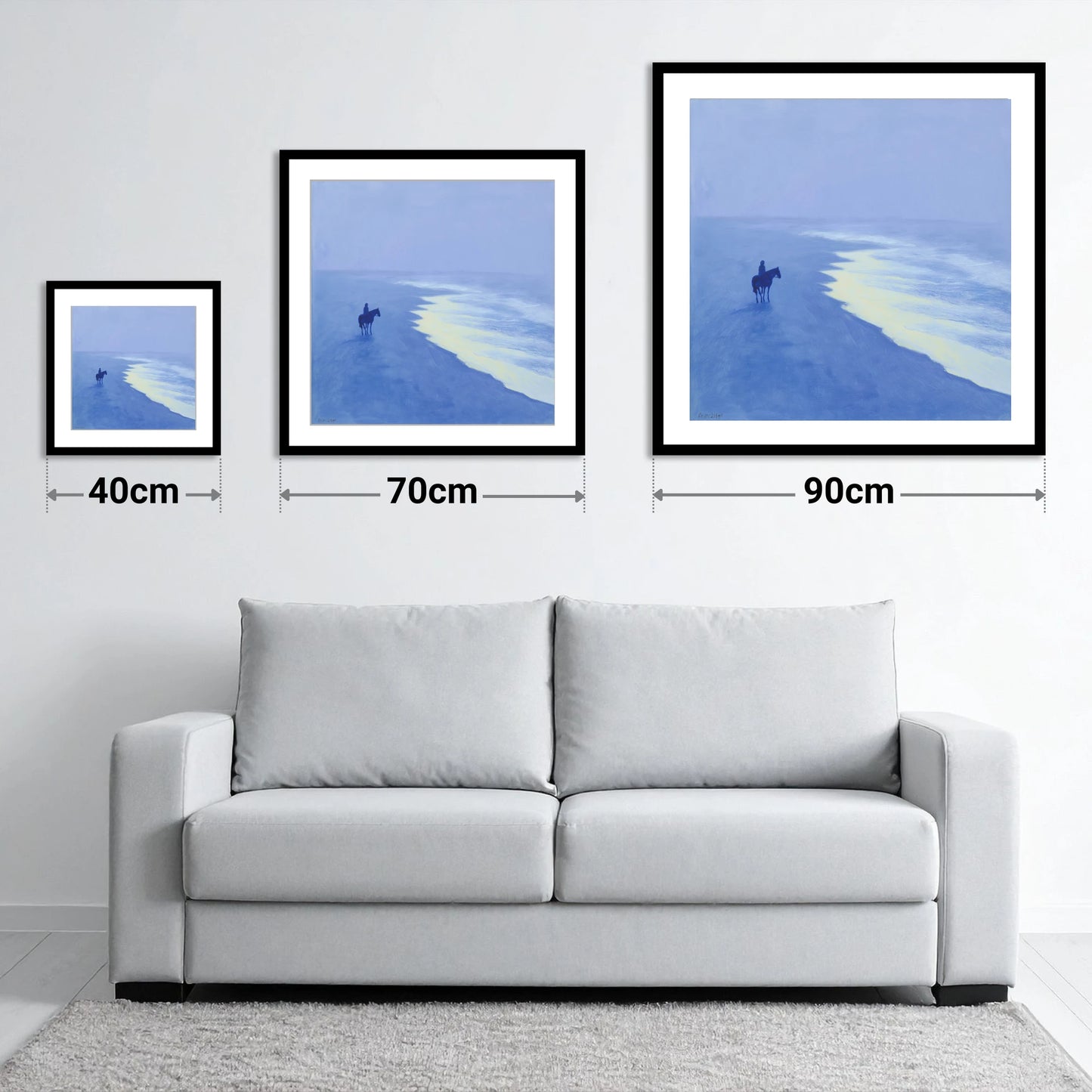 Azure Coastal Ride - size guide showing 40cm, 70cm and 90cm art prints