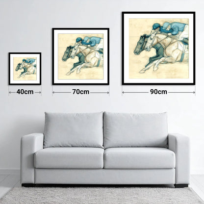 Neck and Neck - size guide showing 40cm, 70cm and 90cm art prints