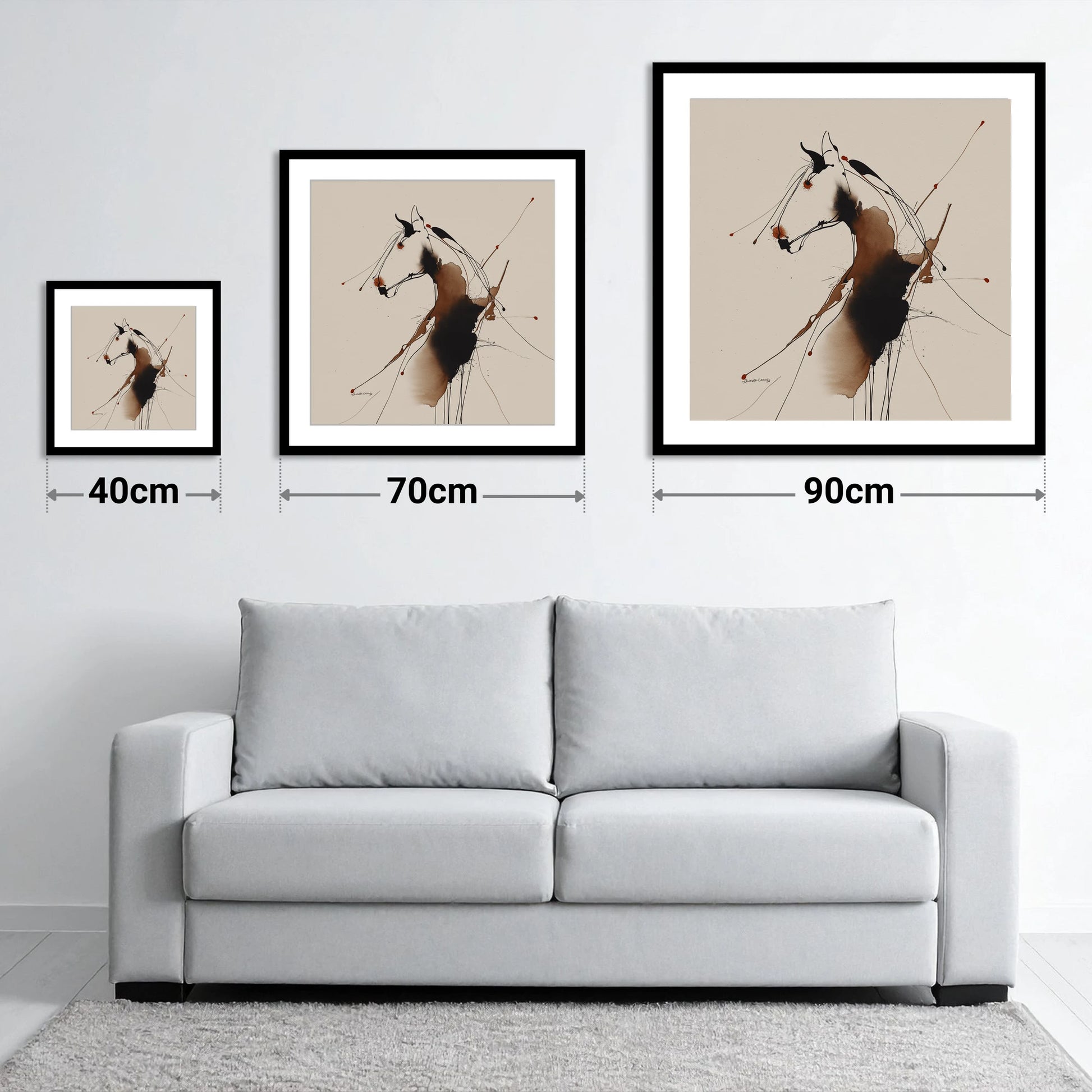 Fluid Equine Silhouette - size guide showing 40cm, 70cm and 90cm art prints