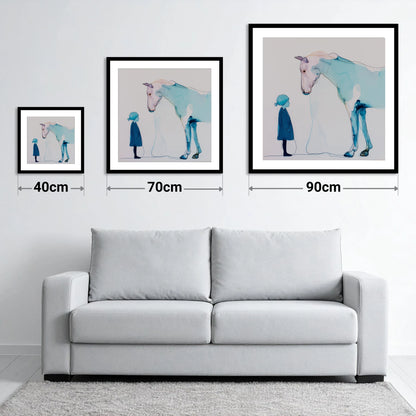 A Quiet Connection - size guide showing 40cm, 70cm and 90cm art prints