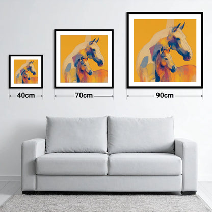 Golden Equine Bond - size guide showing 40cm, 70cm and 90cm art prints