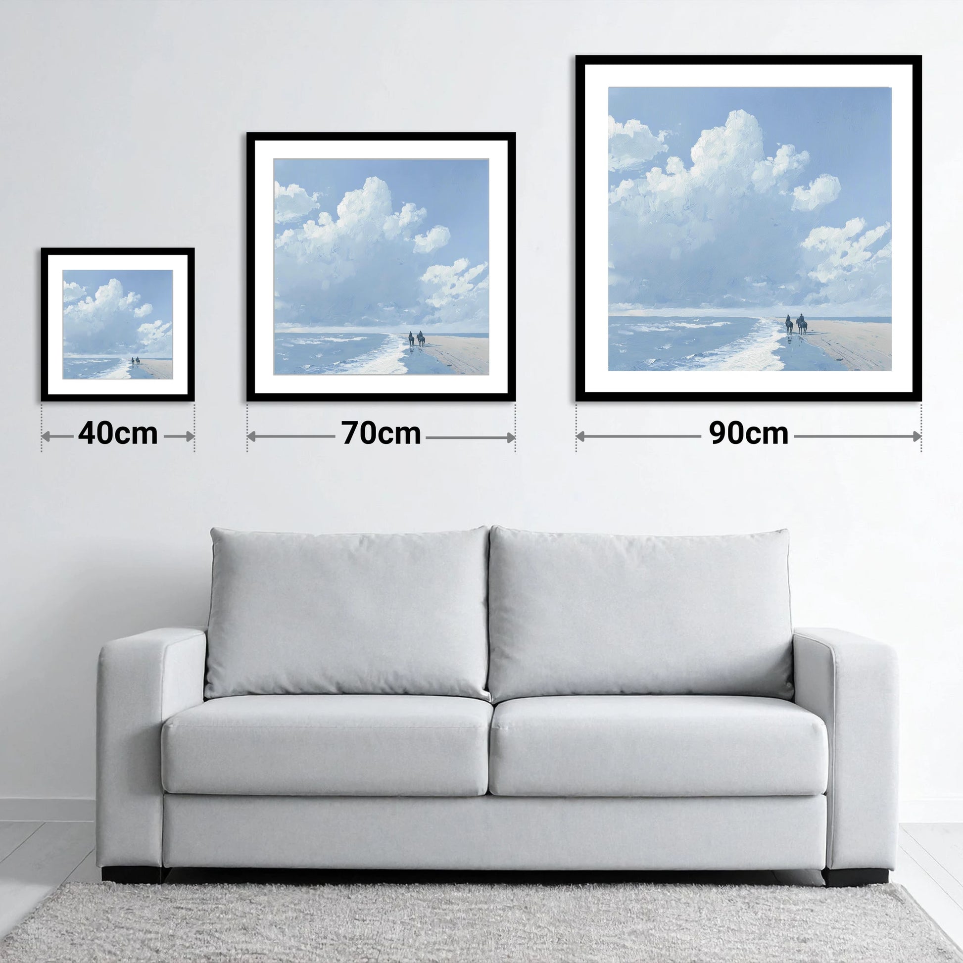 Beneath Vast Coastal Skies - size guide showing 40cm, 70cm and 90cm art prints