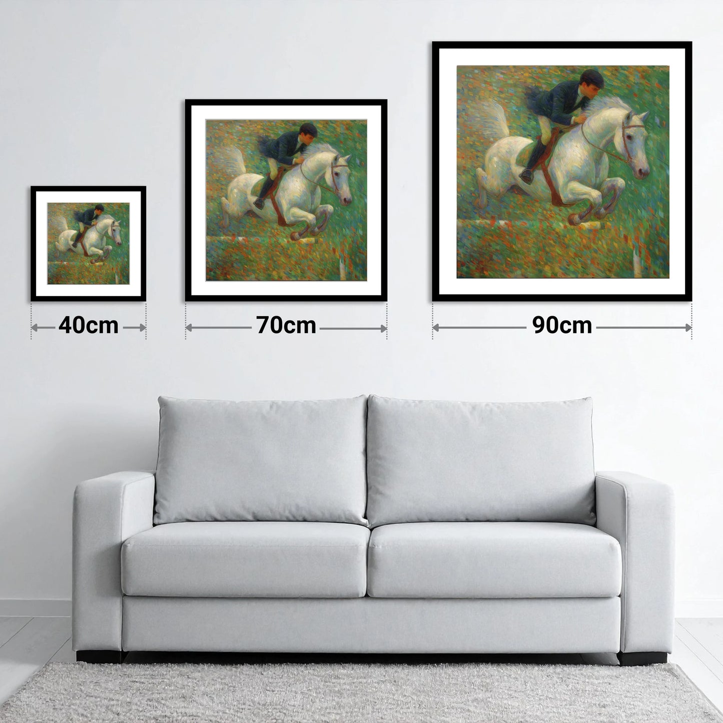 Luminous Jumping Grey - size guide showing 40cm, 70cm and 90cm art prints