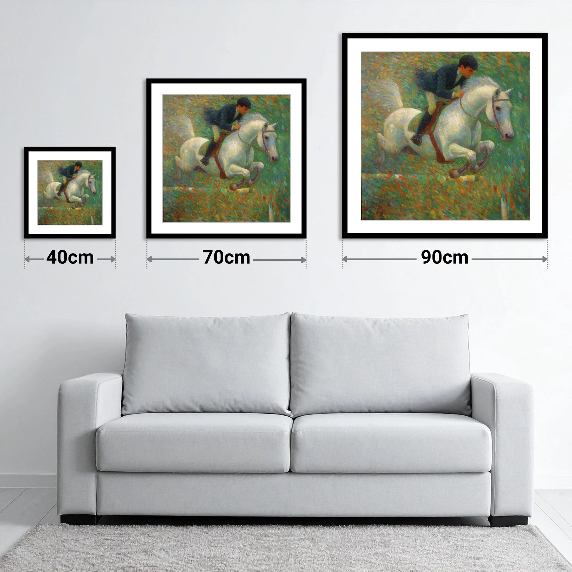 Luminous Jumping Grey - size guide showing 40cm, 70cm and 90cm art prints