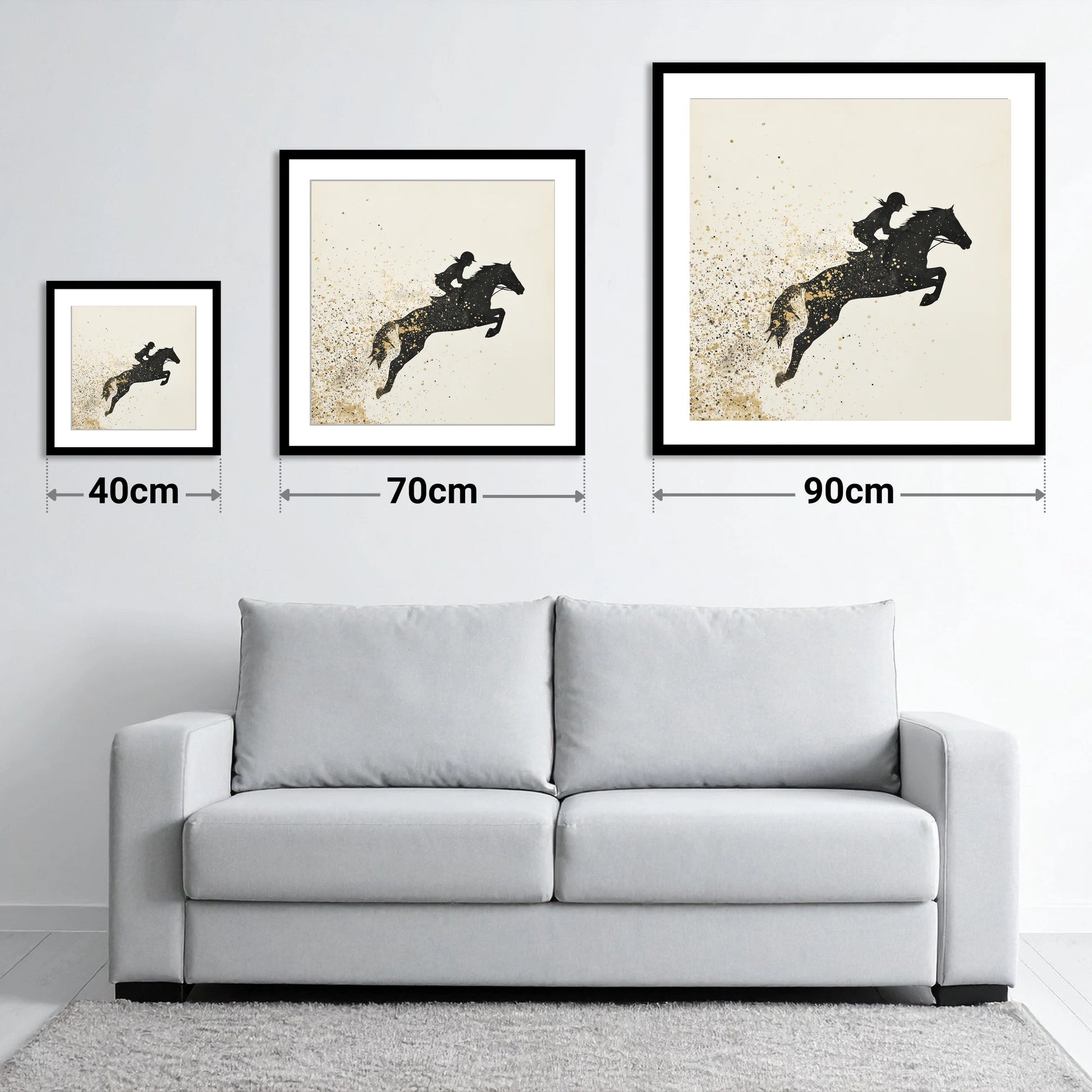 Airborne in Gold - size guide showing 40cm, 70cm and 90cm art prints