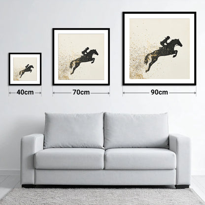 Airborne in Gold - size guide showing 40cm, 70cm and 90cm art prints