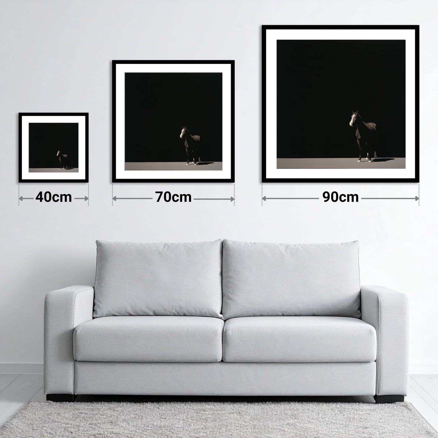 Midnight Solitude - size guide showing 40cm, 70cm and 90cm art prints