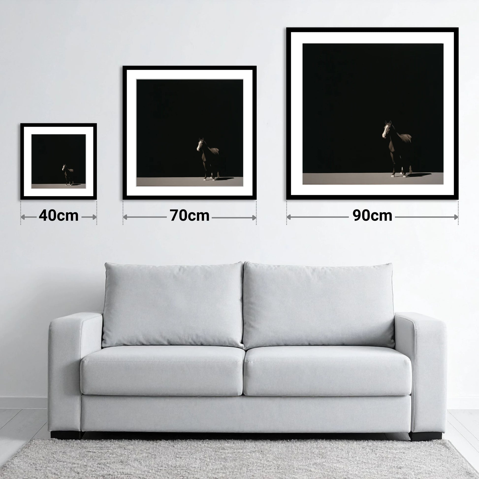Midnight Solitude - size guide showing 40cm, 70cm and 90cm art prints