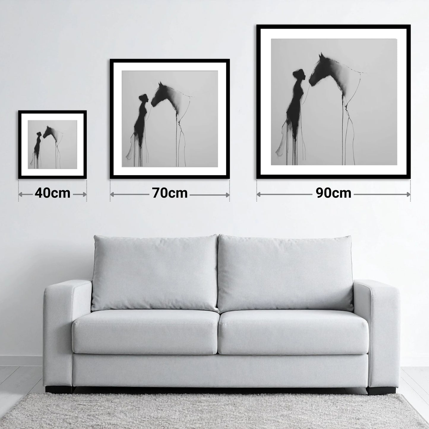 The Unspoken Bond - size guide showing 40cm, 70cm and 90cm art prints