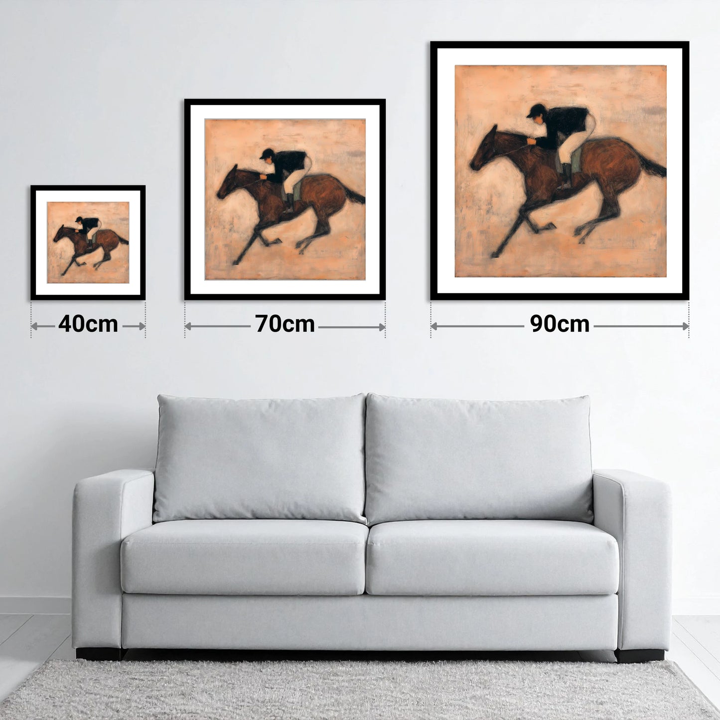 Flight of the Bay - size guide showing 40cm, 70cm and 90cm art prints