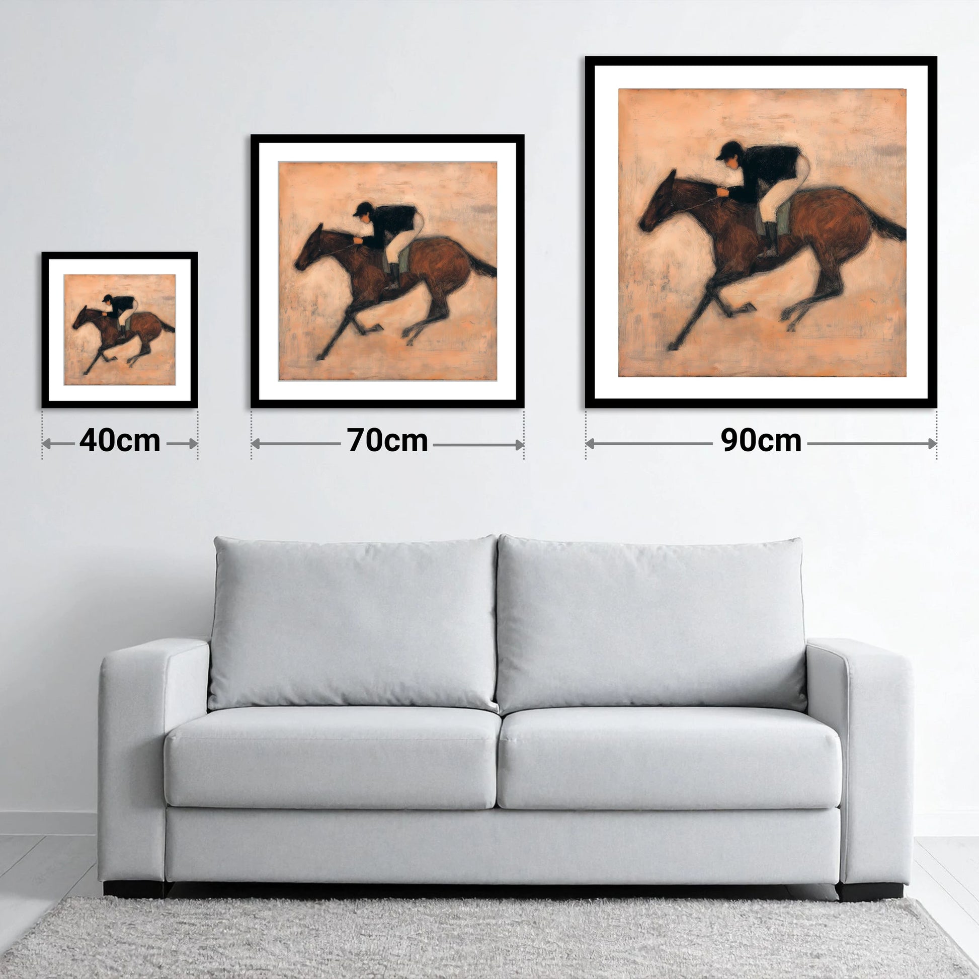 Flight of the Bay - size guide showing 40cm, 70cm and 90cm art prints