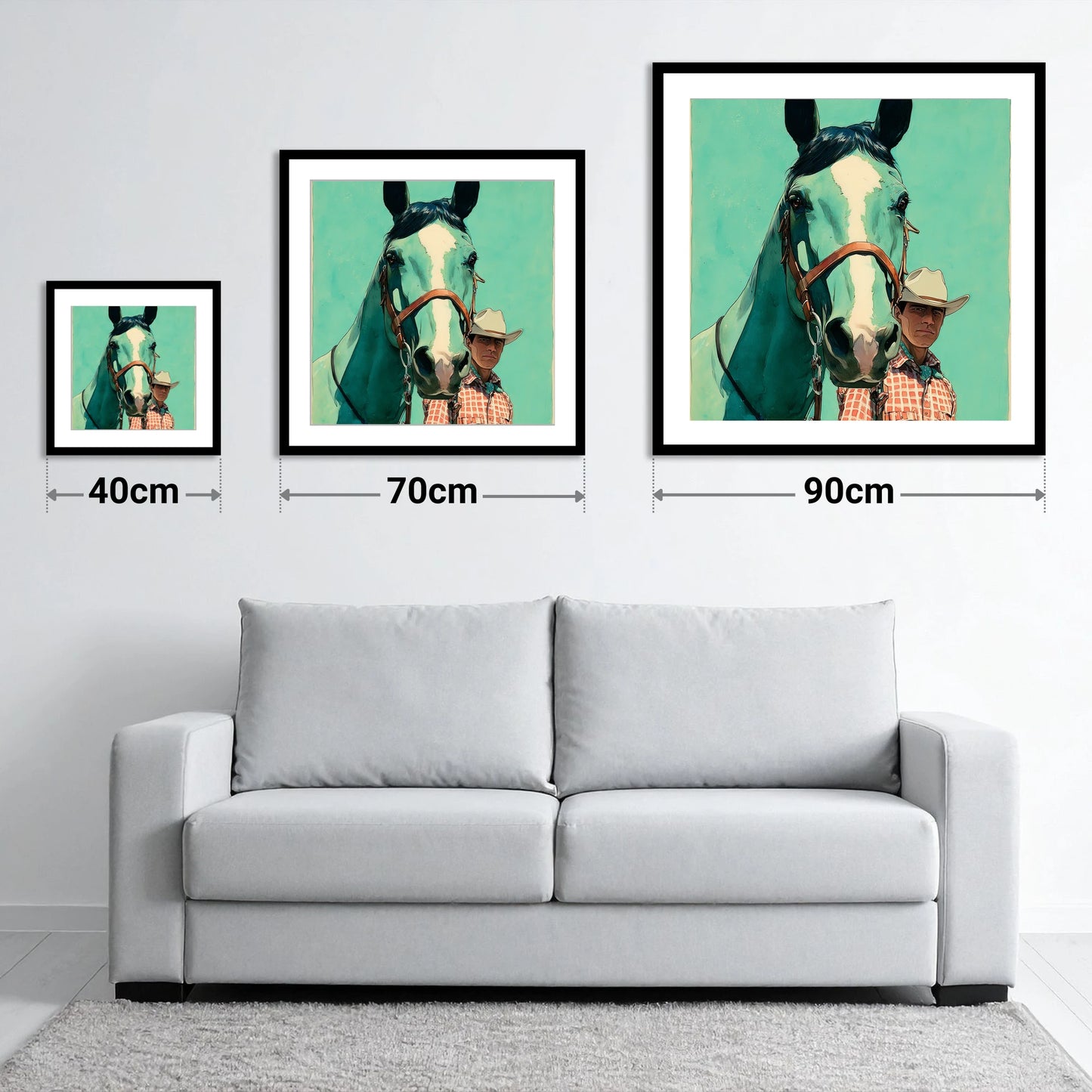 The Western Partnership - size guide showing 40cm, 70cm and 90cm art prints