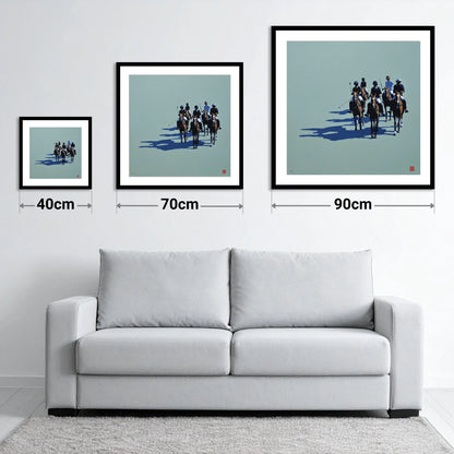 The Polo Approach - size guide showing 40cm, 70cm and 90cm art prints