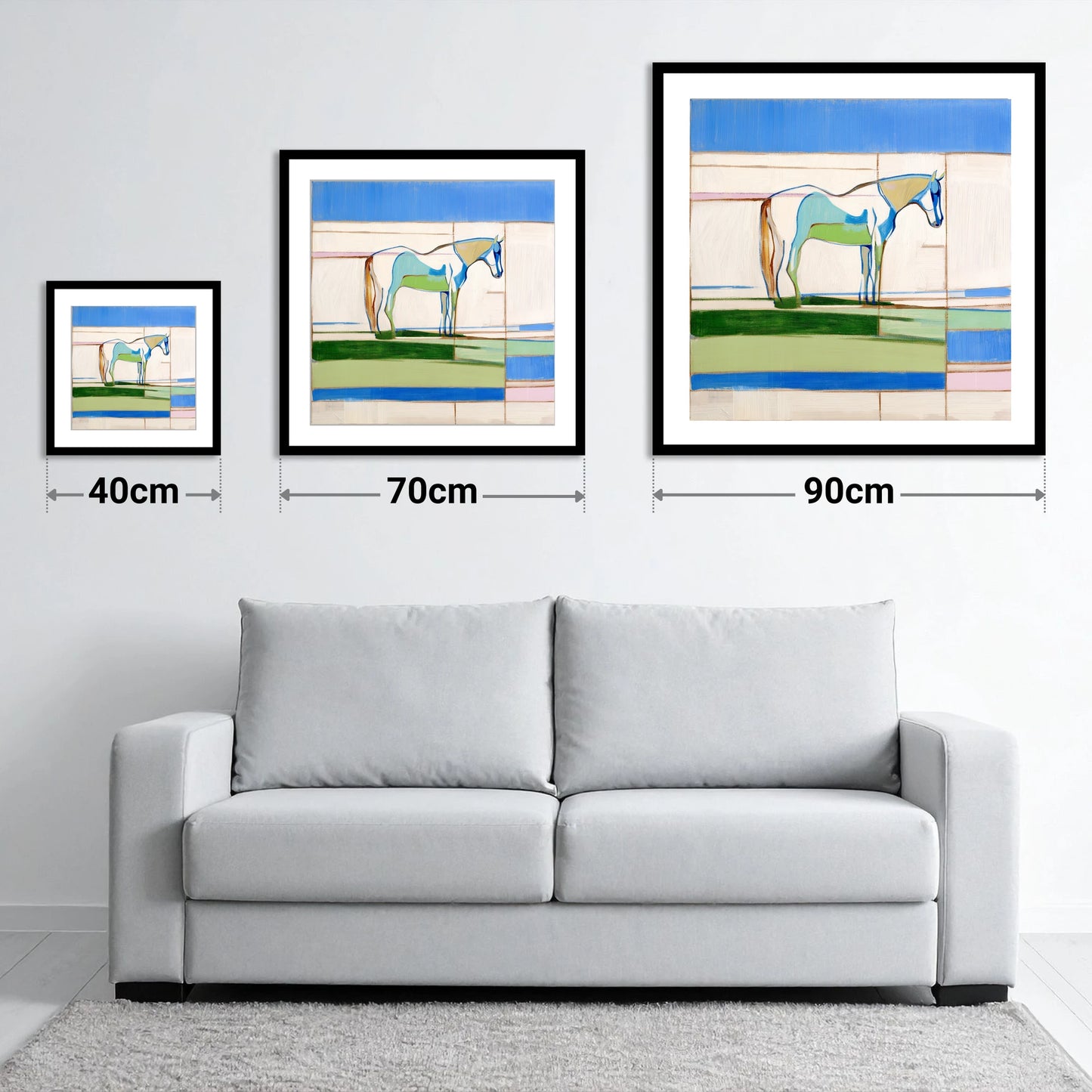 Architectural Equine Form - size guide showing 40cm, 70cm and 90cm art prints