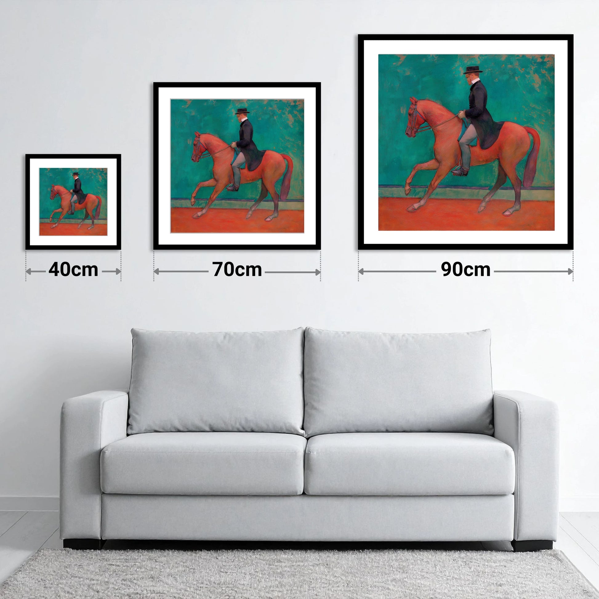 The Emerald Passage - size guide showing 40cm, 70cm and 90cm art prints