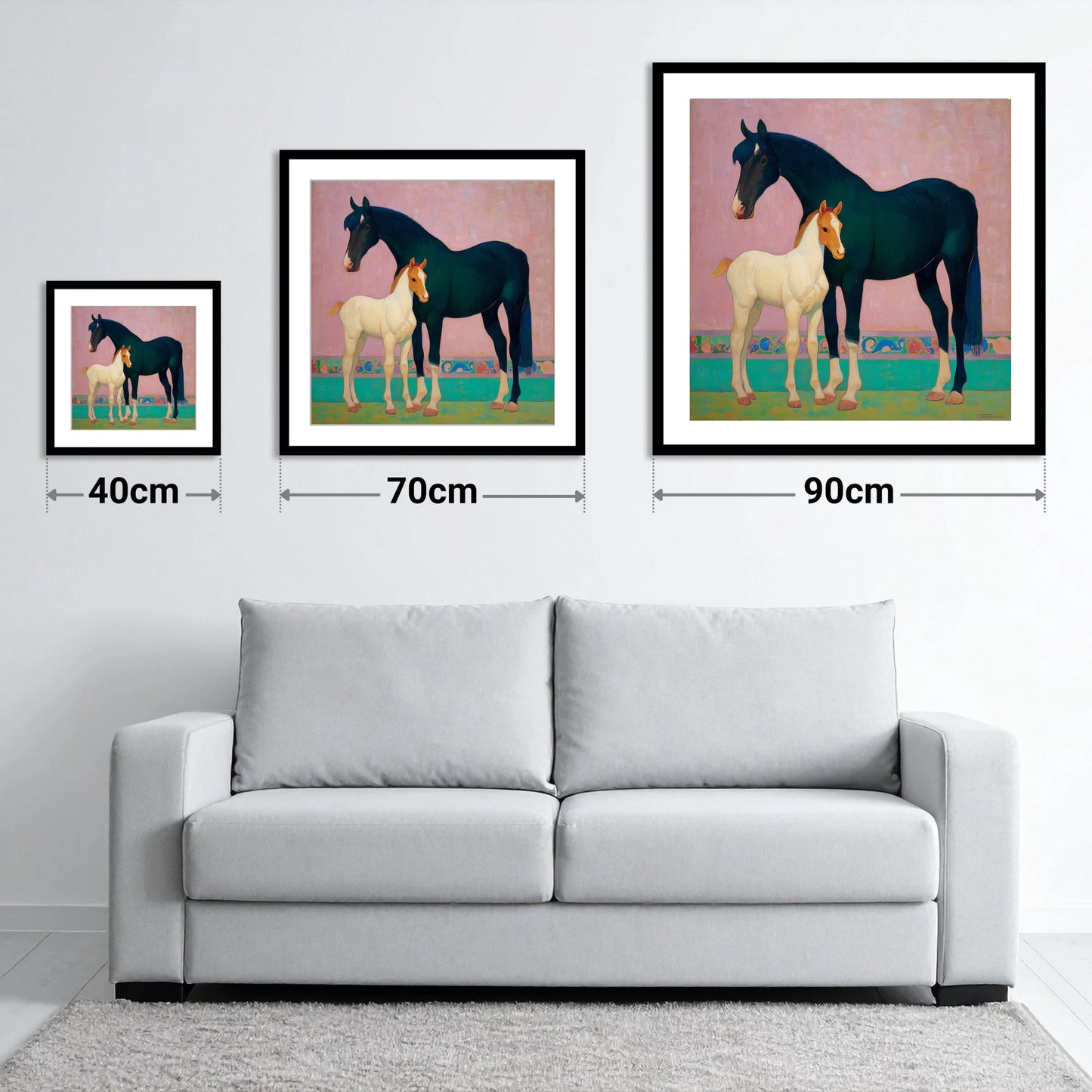 Midnight Mare and Foal - size guide showing 40cm, 70cm and 90cm art prints