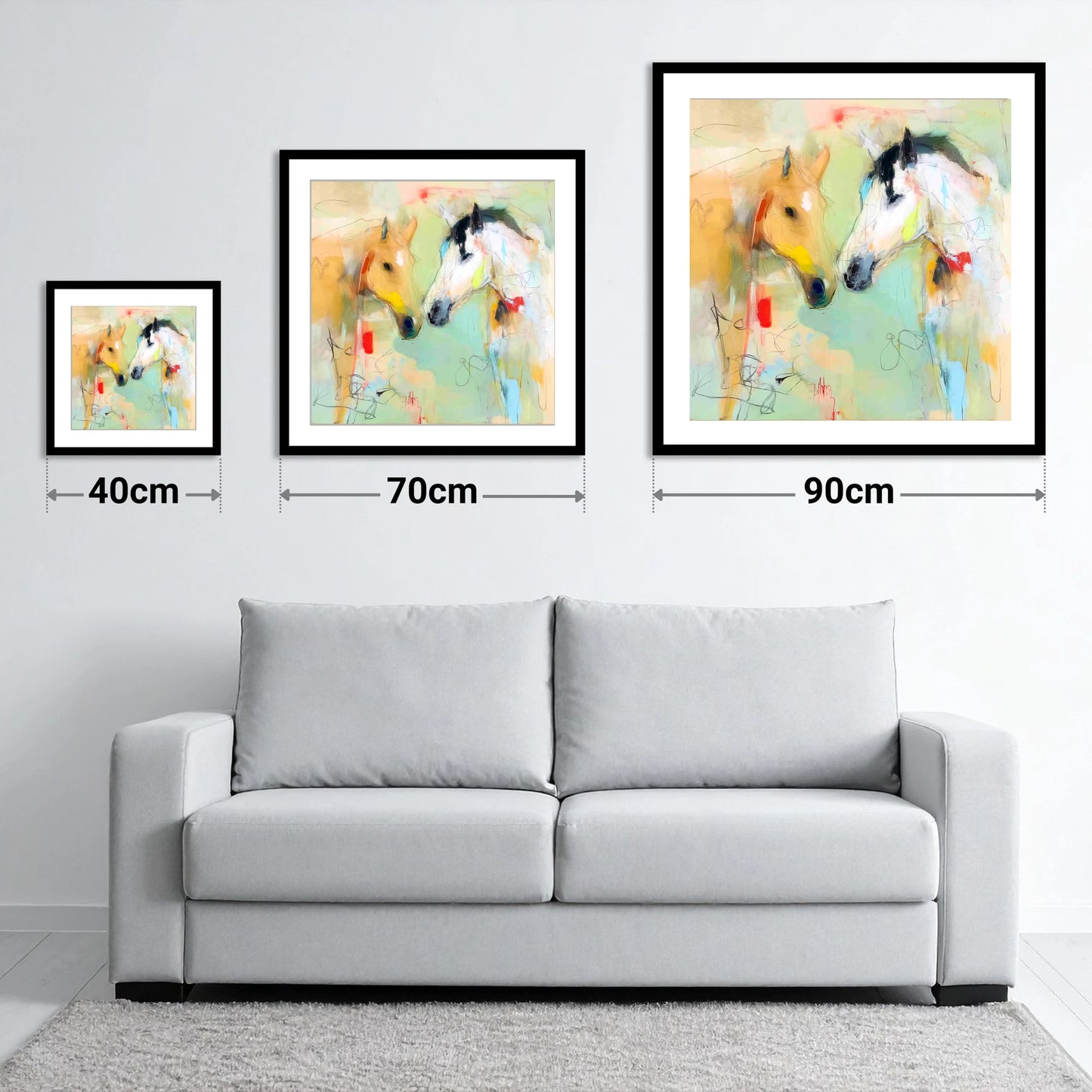 Whispered Secrets - size guide showing 40cm, 70cm and 90cm art prints