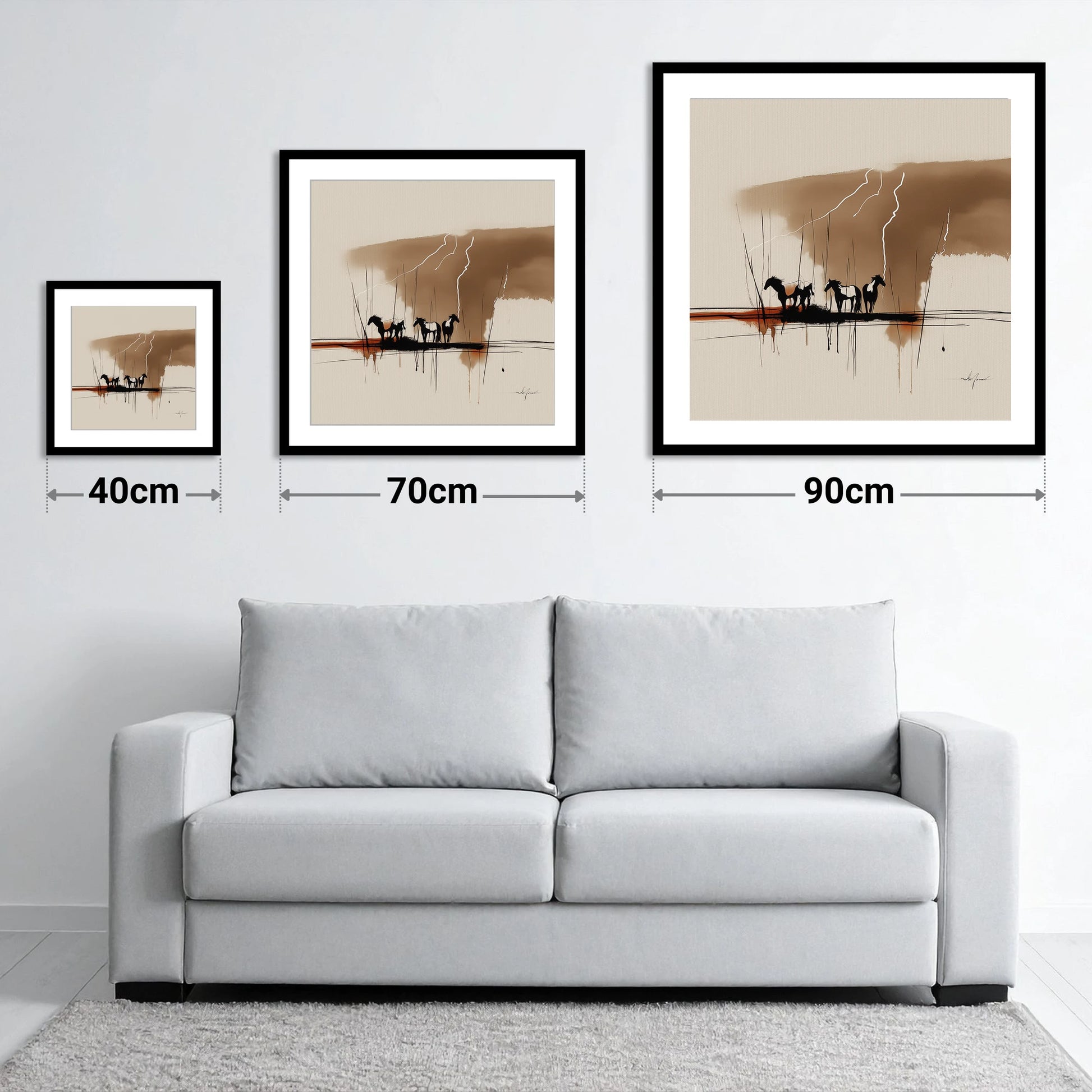 Thunder Over the Plains - size guide showing 40cm, 70cm and 90cm art prints