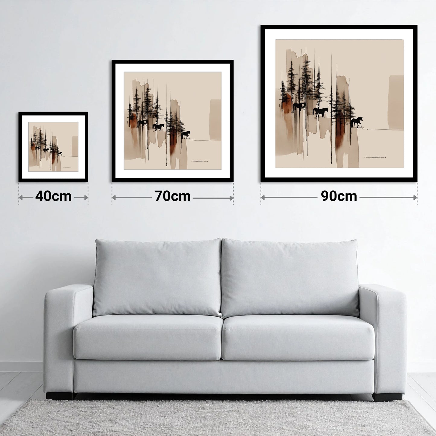 Wandering Through Pines - size guide showing 40cm, 70cm and 90cm art prints