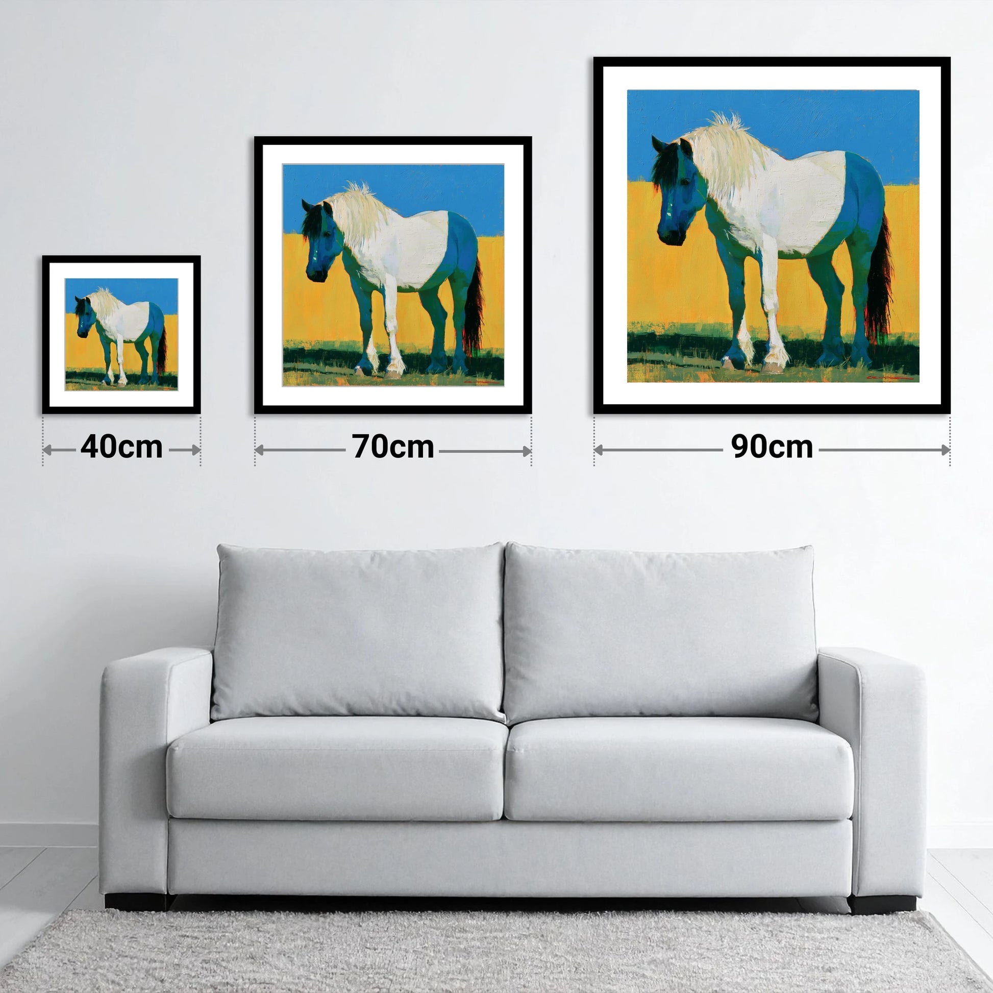 Bold Blue and White Cob - size guide showing 40cm, 70cm and 90cm art prints