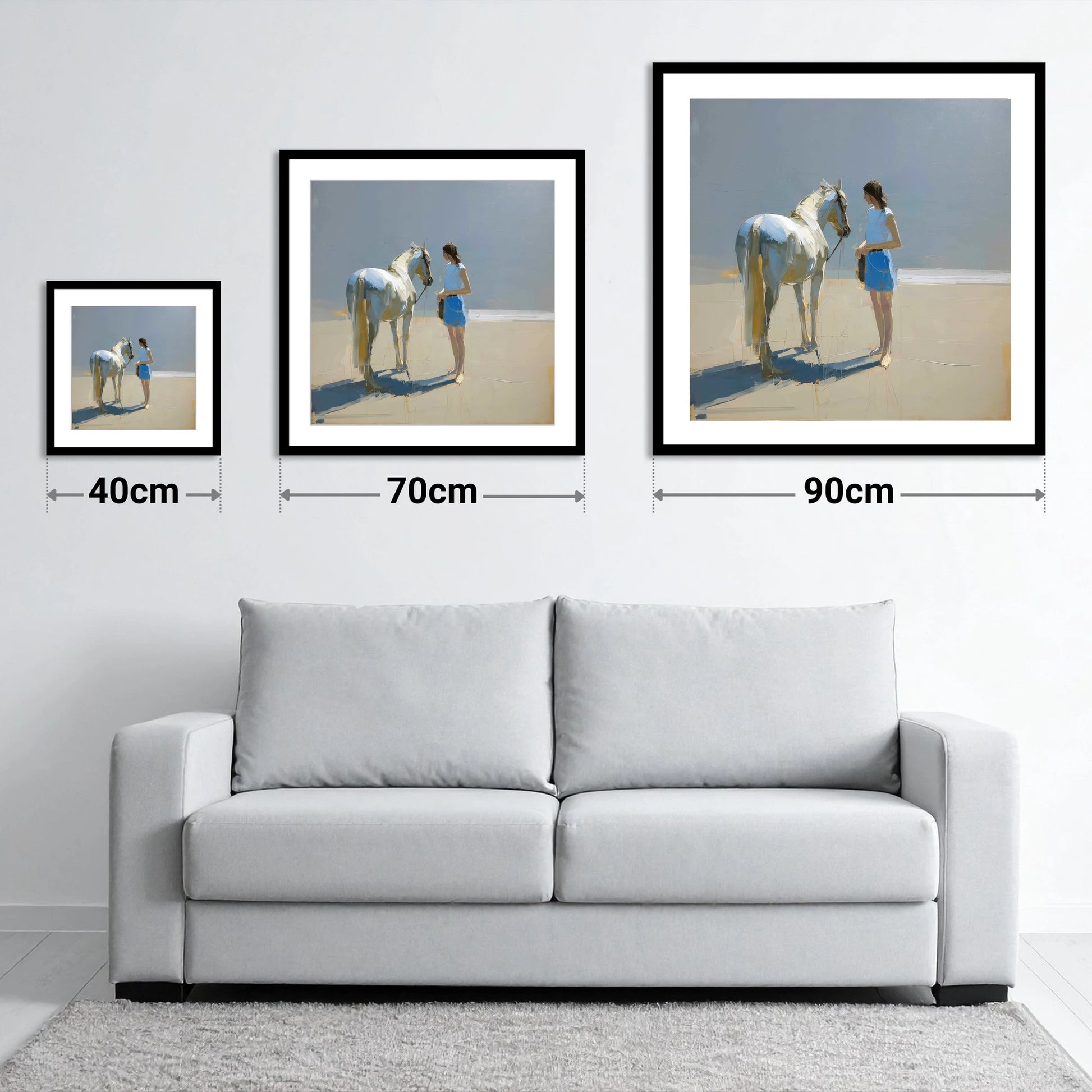 Sunlit Serenity in Blue - size guide showing 40cm, 70cm and 90cm art prints