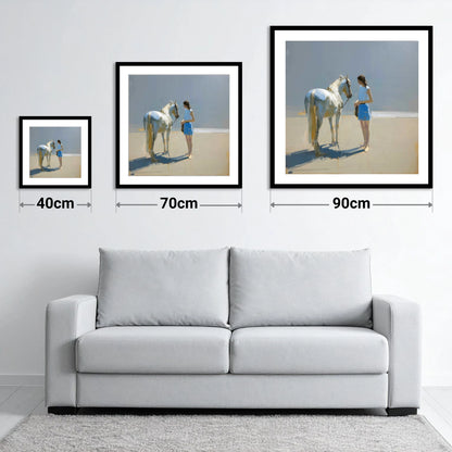 Sunlit Serenity in Blue - size guide showing 40cm, 70cm and 90cm art prints