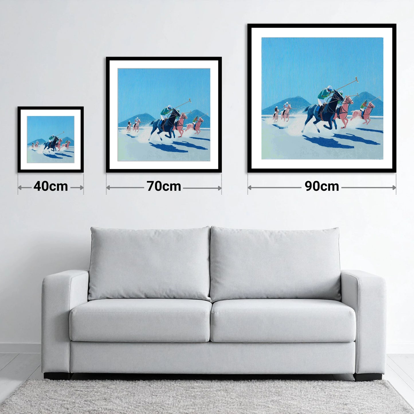 Azure Polo Pursuit - size guide showing 40cm, 70cm and 90cm art prints