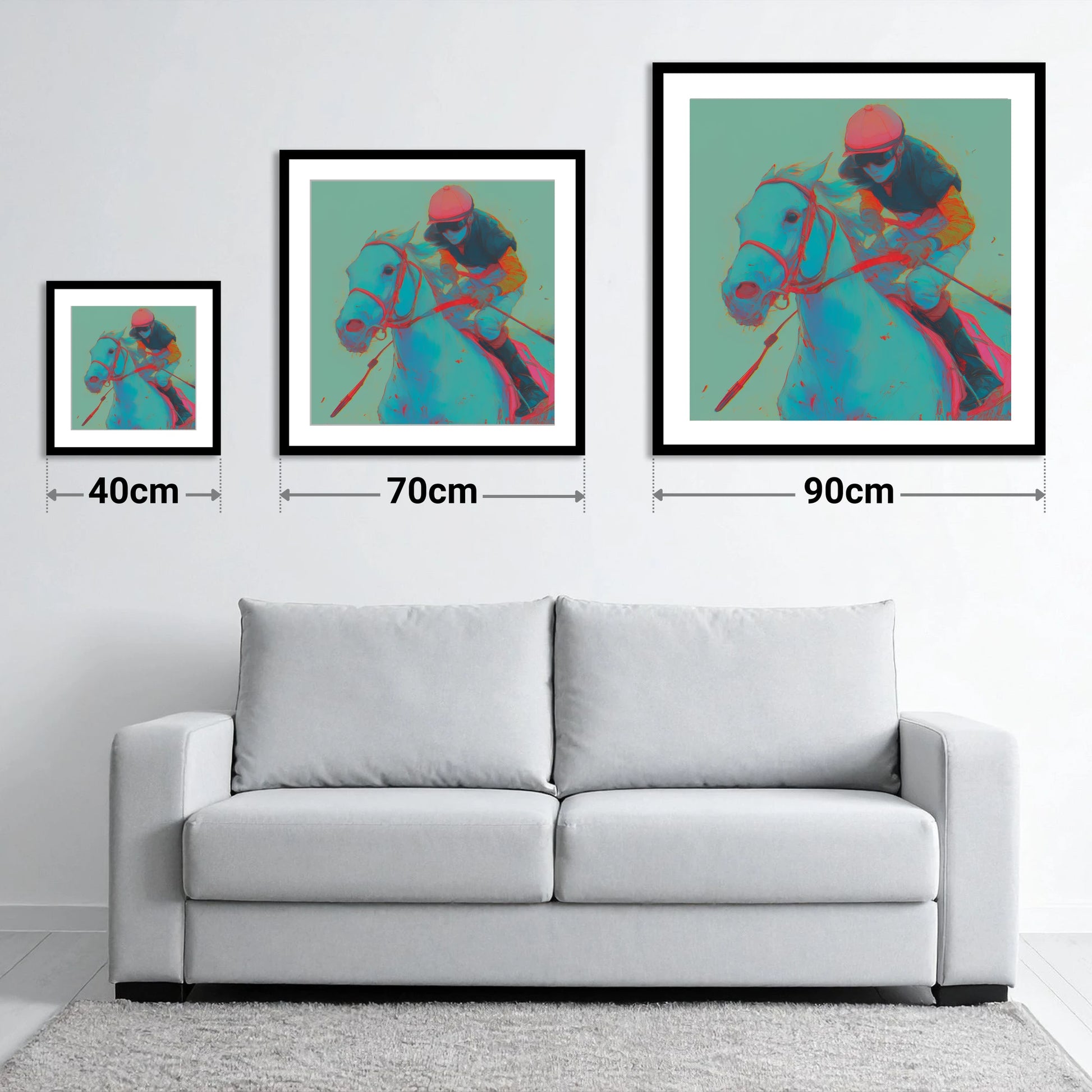 Electric Furlong - size guide showing 40cm, 70cm and 90cm art prints