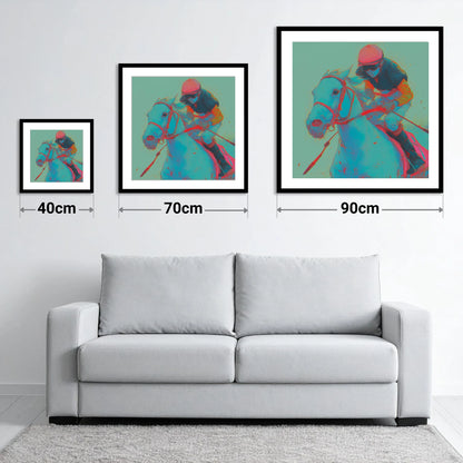 Electric Furlong - size guide showing 40cm, 70cm and 90cm art prints