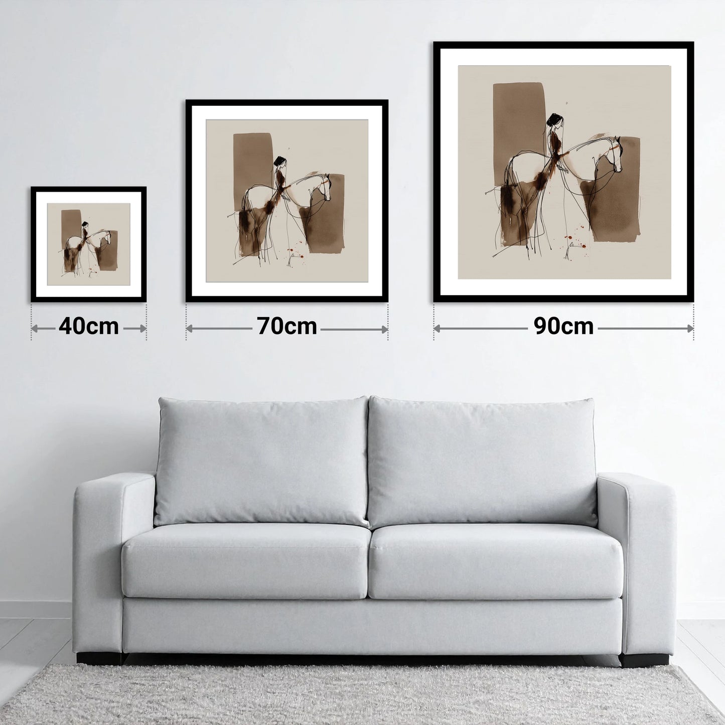 Fluid Connection - size guide showing 40cm, 70cm and 90cm art prints