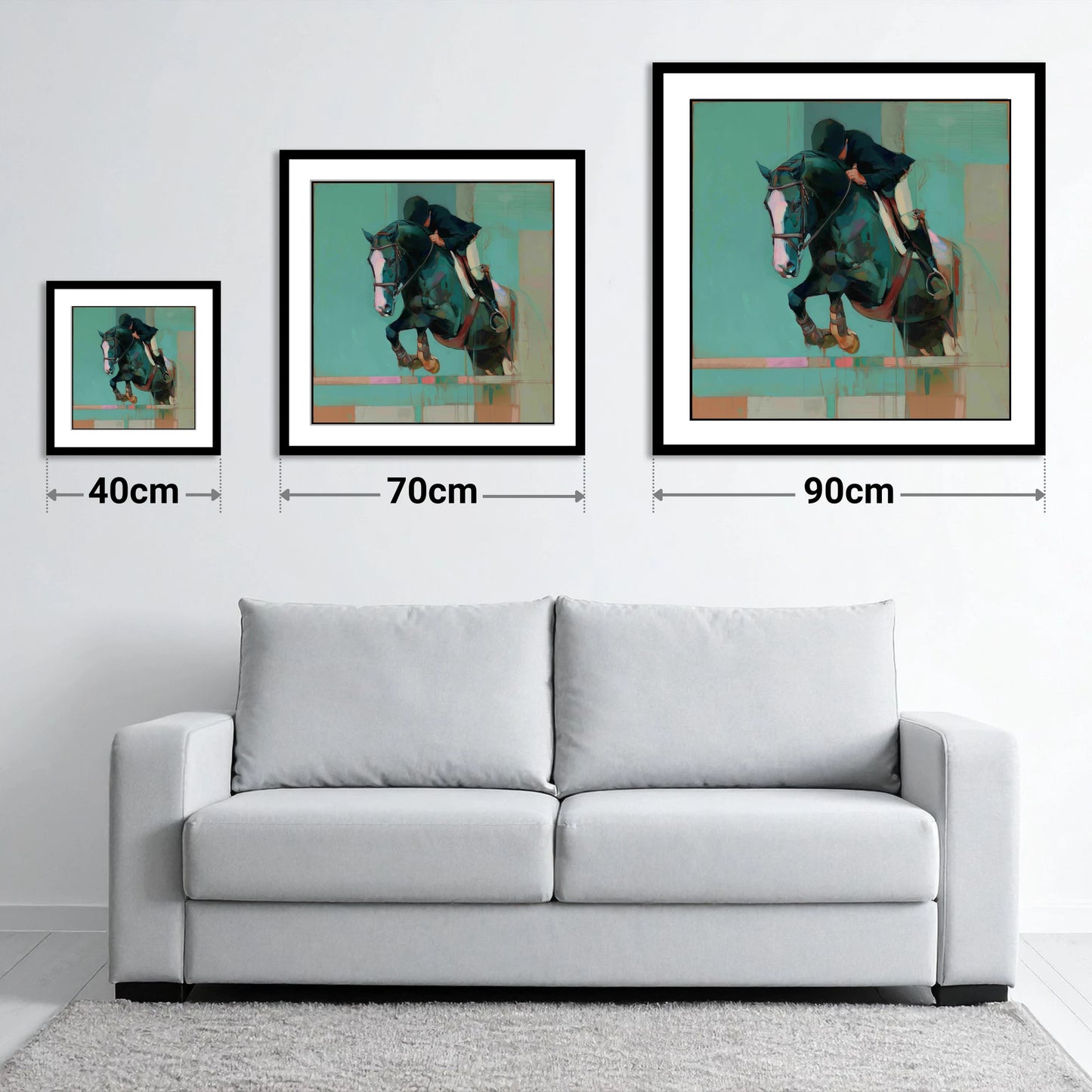 Suspended in Teal - size guide showing 40cm, 70cm and 90cm art prints