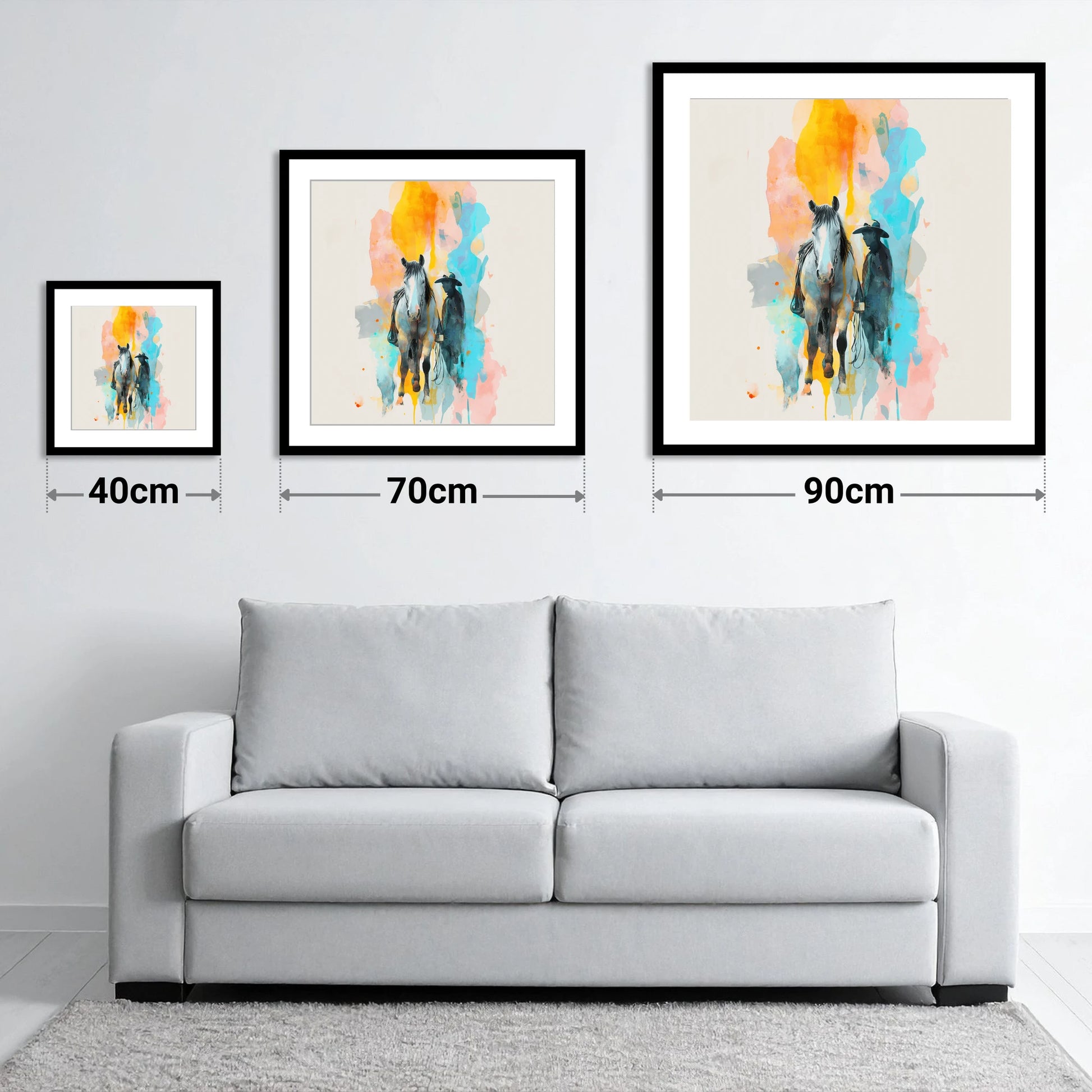 Vibrant Frontier Bond - size guide showing 40cm, 70cm and 90cm art prints