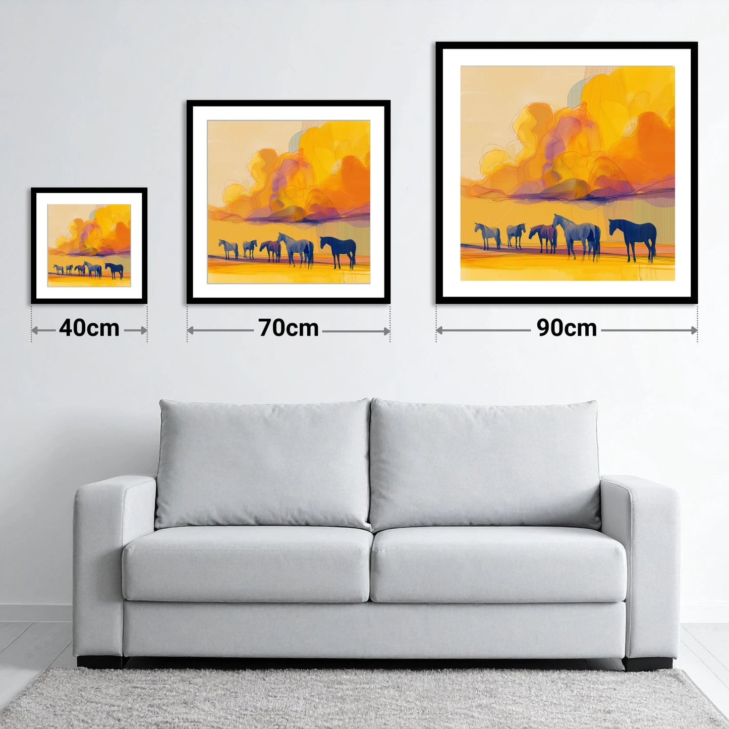 Vibrant Horizon Herd - size guide showing 40cm, 70cm and 90cm art prints