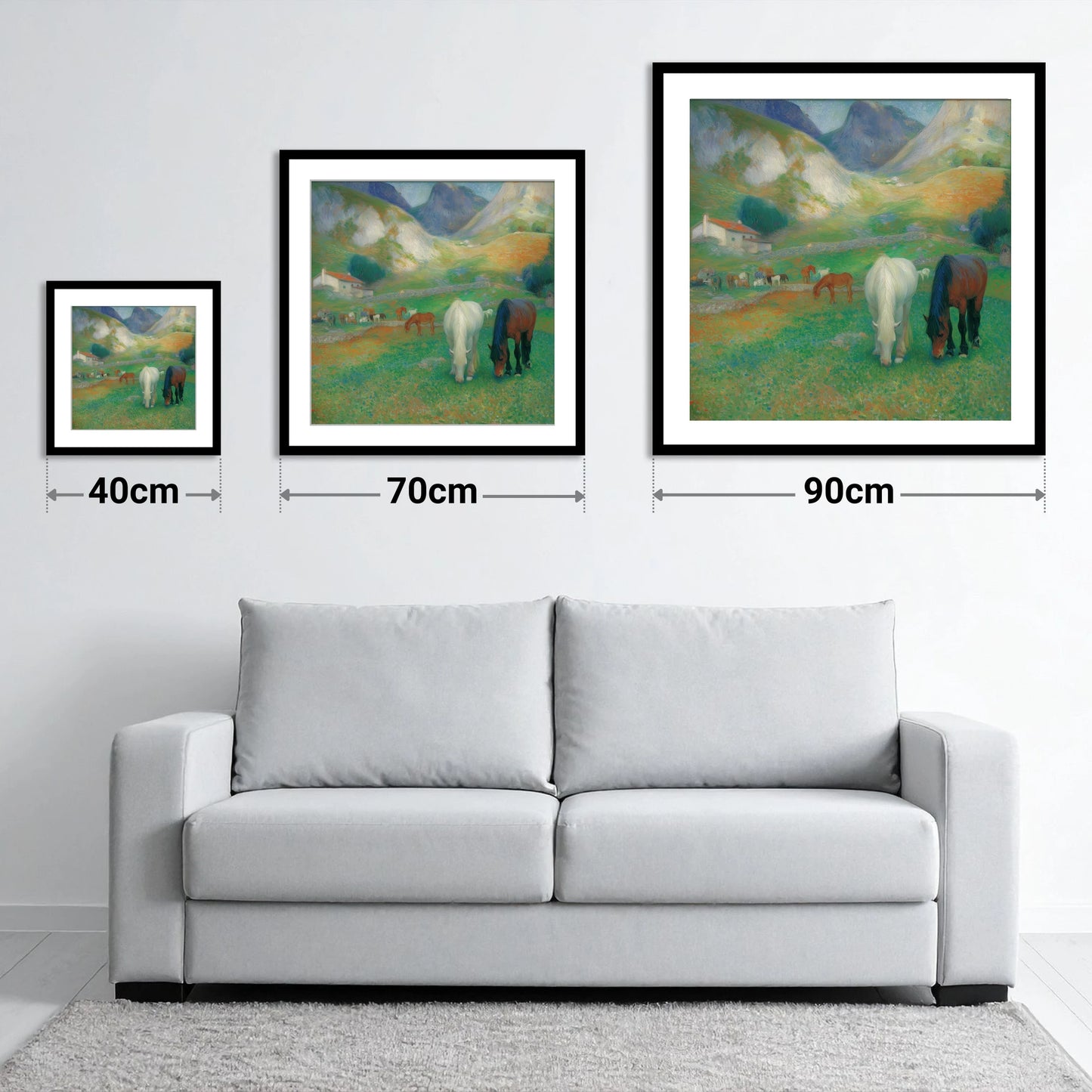 Vibrant Valley Pasture - size guide showing 40cm, 70cm and 90cm art prints