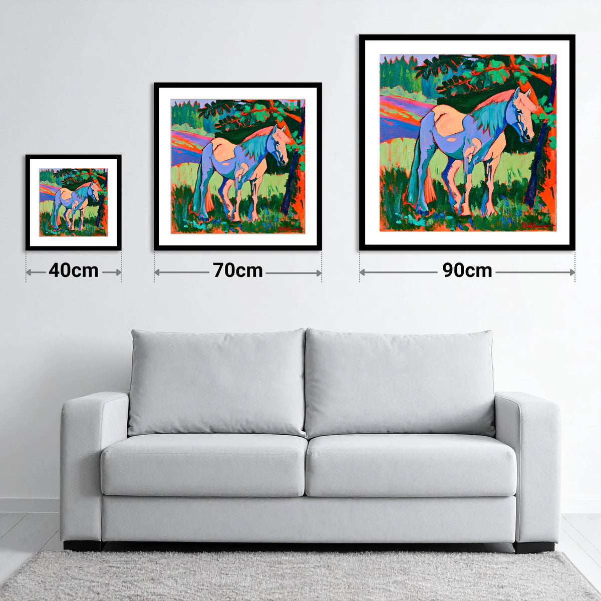 Vibrant Blue Horse Under Tree - size guide showing 40cm, 70cm and 90cm art prints