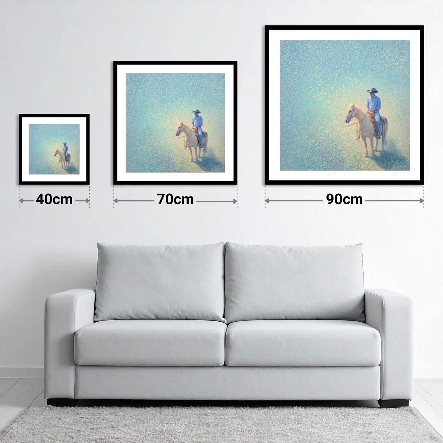 Luminous Solitude - size guide showing 40cm, 70cm and 90cm art prints