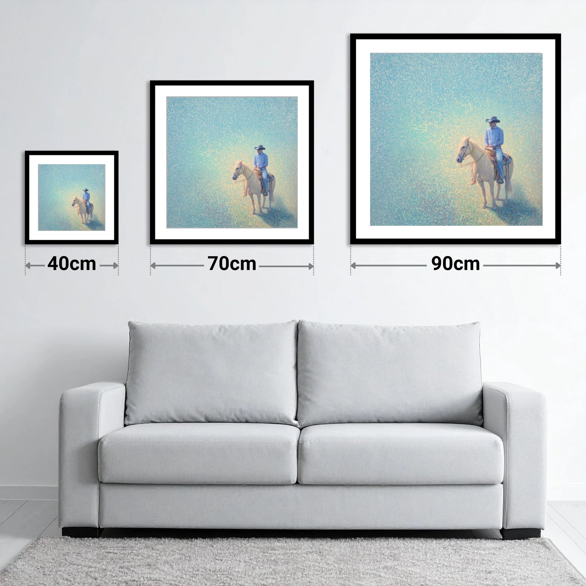 Luminous Solitude - size guide showing 40cm, 70cm and 90cm art prints