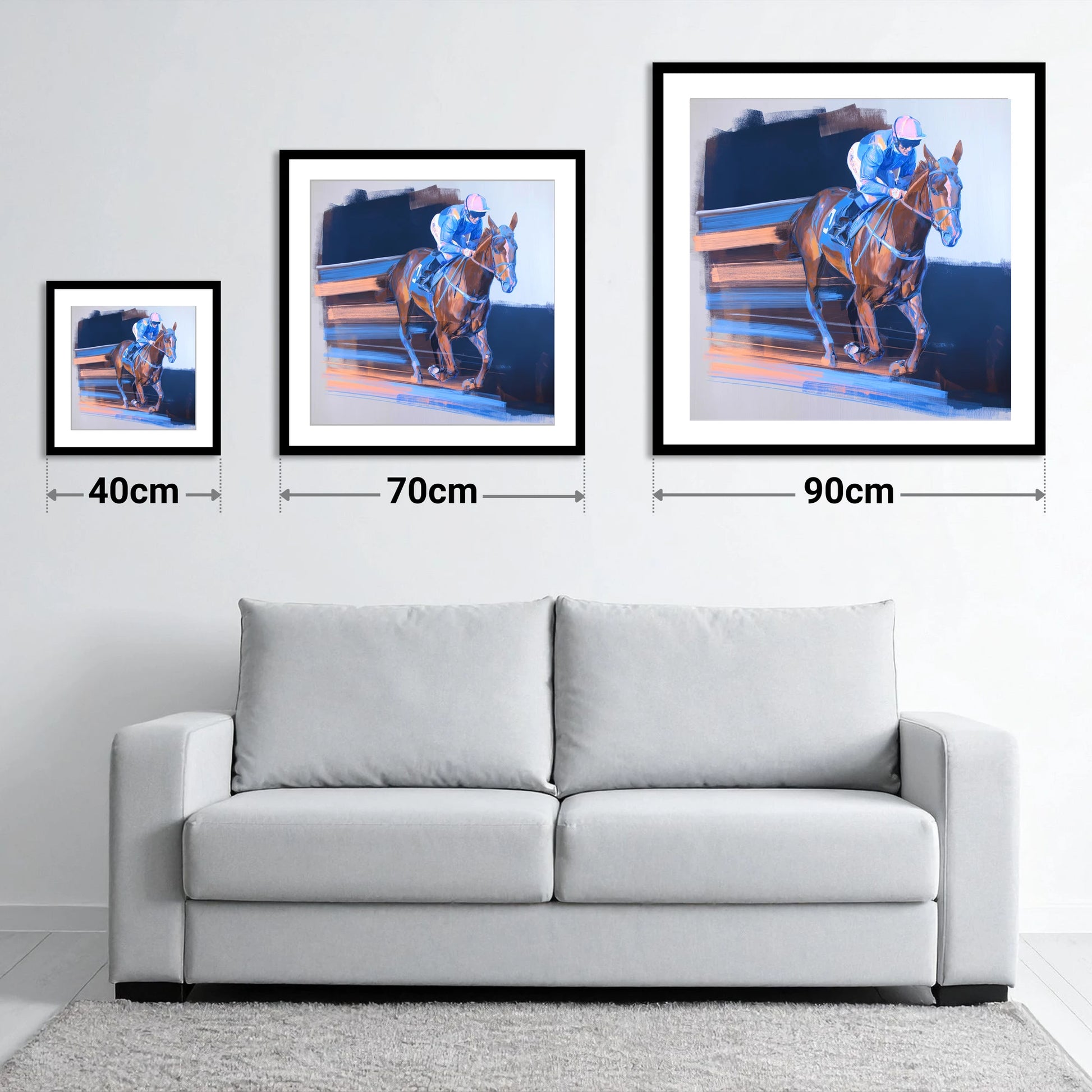 Velocity in Blue - size guide showing 40cm, 70cm and 90cm art prints