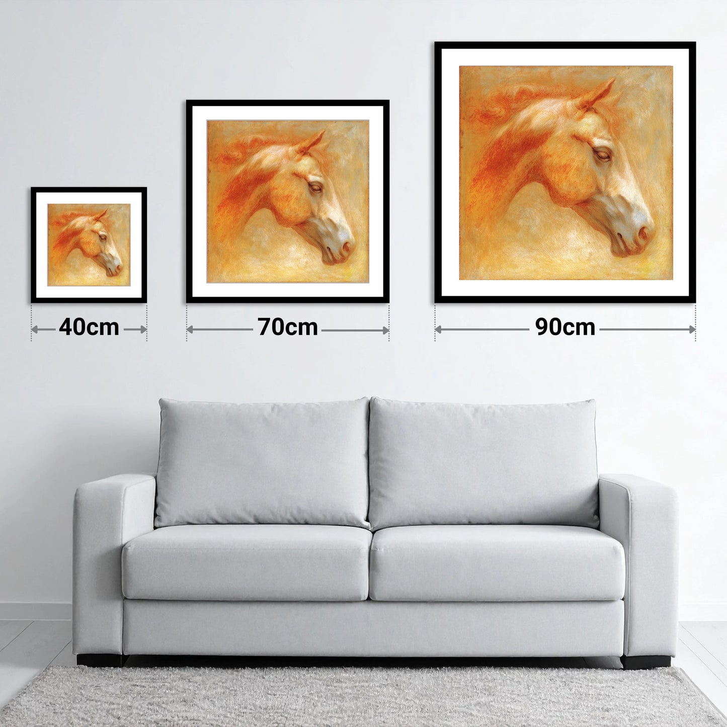 Ethereal Golden Profile - size guide showing 40cm, 70cm and 90cm art prints
