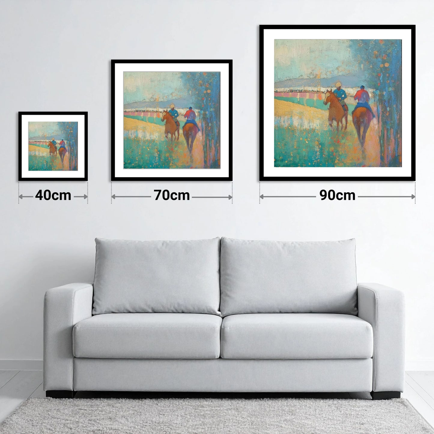 Morning Ride Out - size guide showing 40cm, 70cm and 90cm art prints