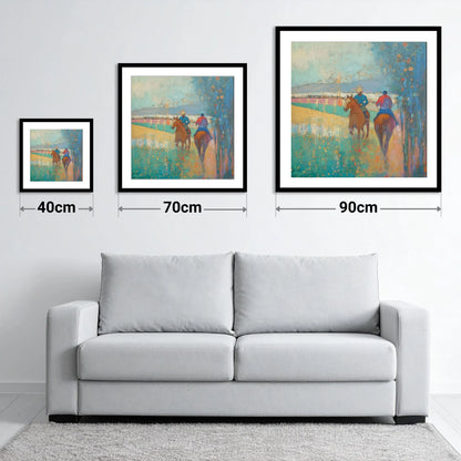 Morning Ride Out - size guide showing 40cm, 70cm and 90cm art prints