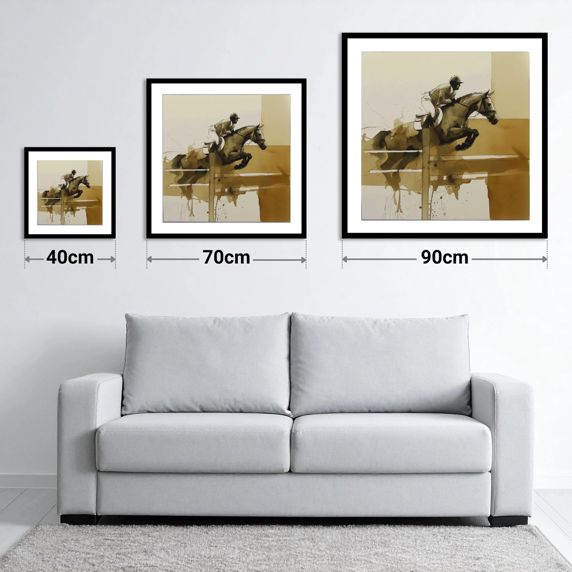 The Perfect Bascule - size guide showing 40cm, 70cm and 90cm art prints
