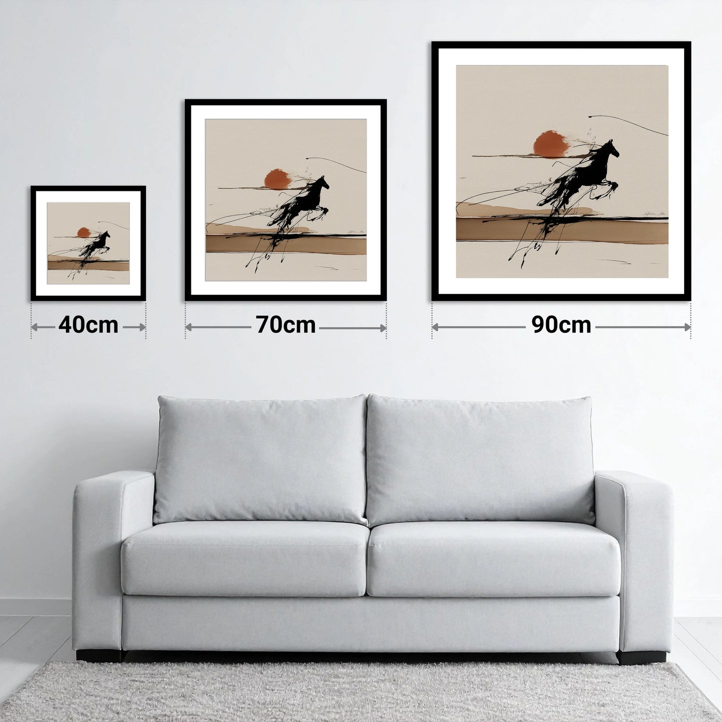 Wild Horizon Flight - size guide showing 40cm, 70cm and 90cm art prints