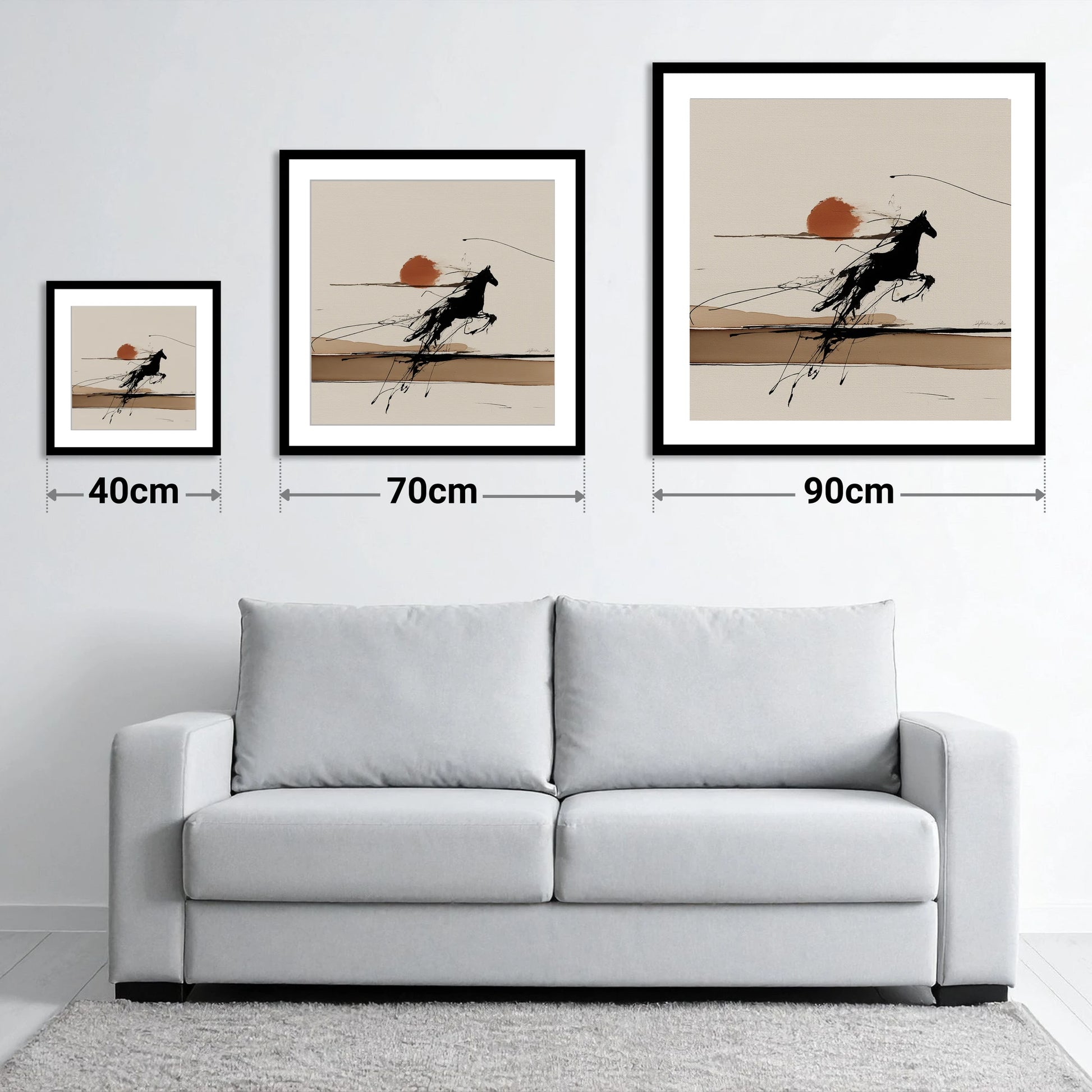 Wild Horizon Flight - size guide showing 40cm, 70cm and 90cm art prints