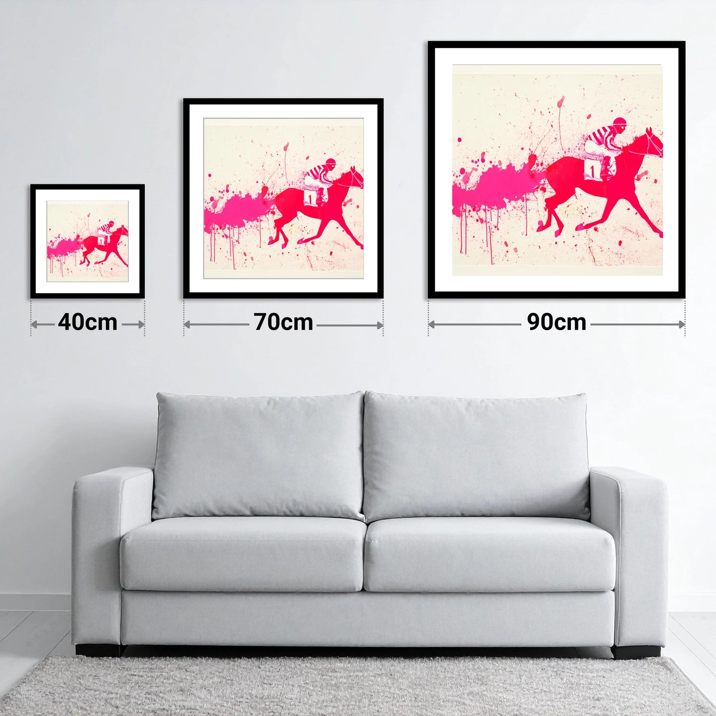 Magenta Racing Surge - size guide showing 40cm, 70cm and 90cm art prints
