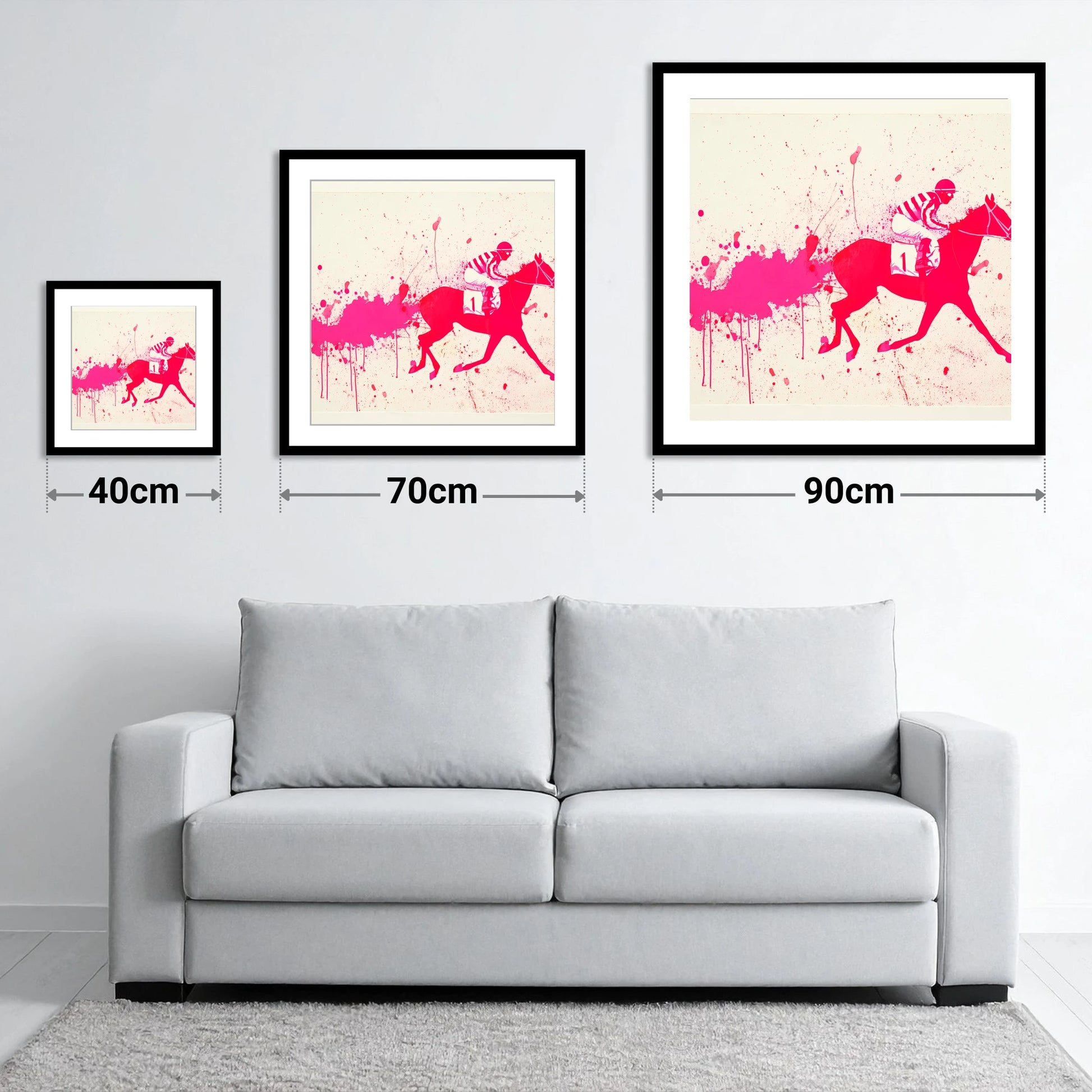 Magenta Racing Surge - size guide showing 40cm, 70cm and 90cm art prints