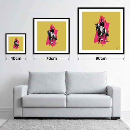 Bold Dressage Rhythm - size guide showing 40cm, 70cm and 90cm art prints