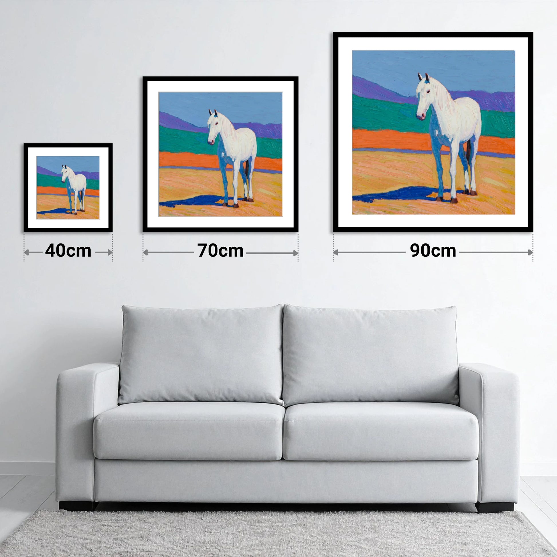 The Vibrant Grey - size guide showing 40cm, 70cm and 90cm art prints