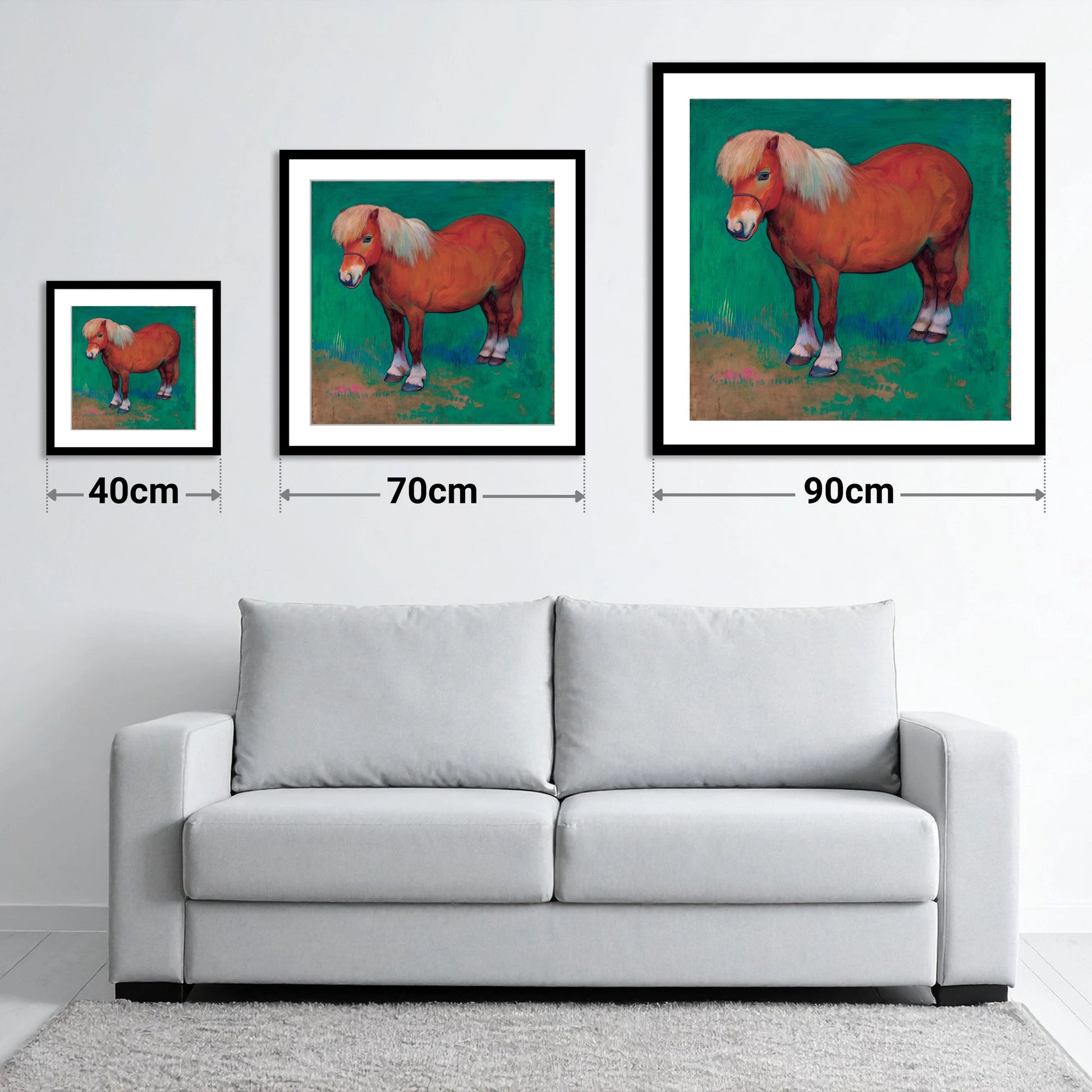 Emerald Chestnut Pony - size guide showing 40cm, 70cm and 90cm art prints