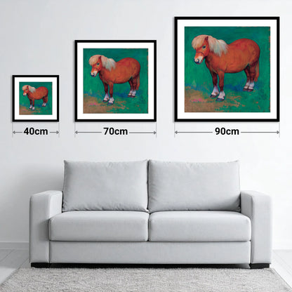 Emerald Chestnut Pony - size guide showing 40cm, 70cm and 90cm art prints